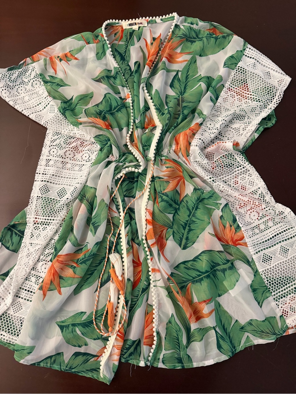 MIKEM SWIM Tropical Cover Up | Green Leaf & Orange Floral | Lace Trim